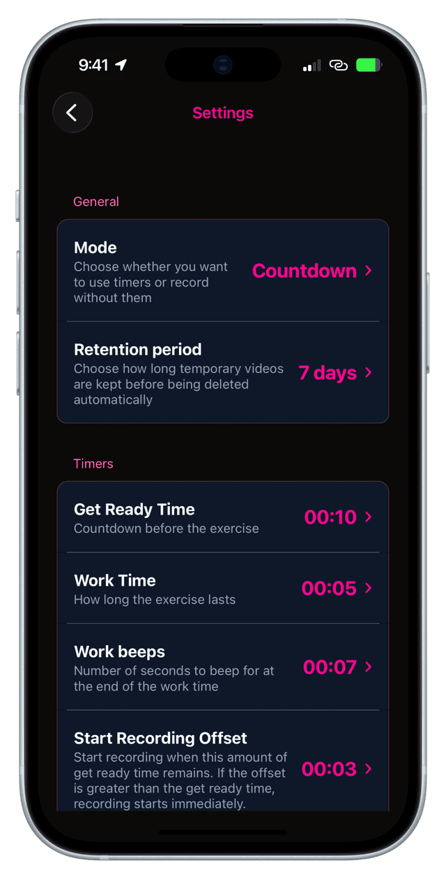 App screenshot in the settings screen