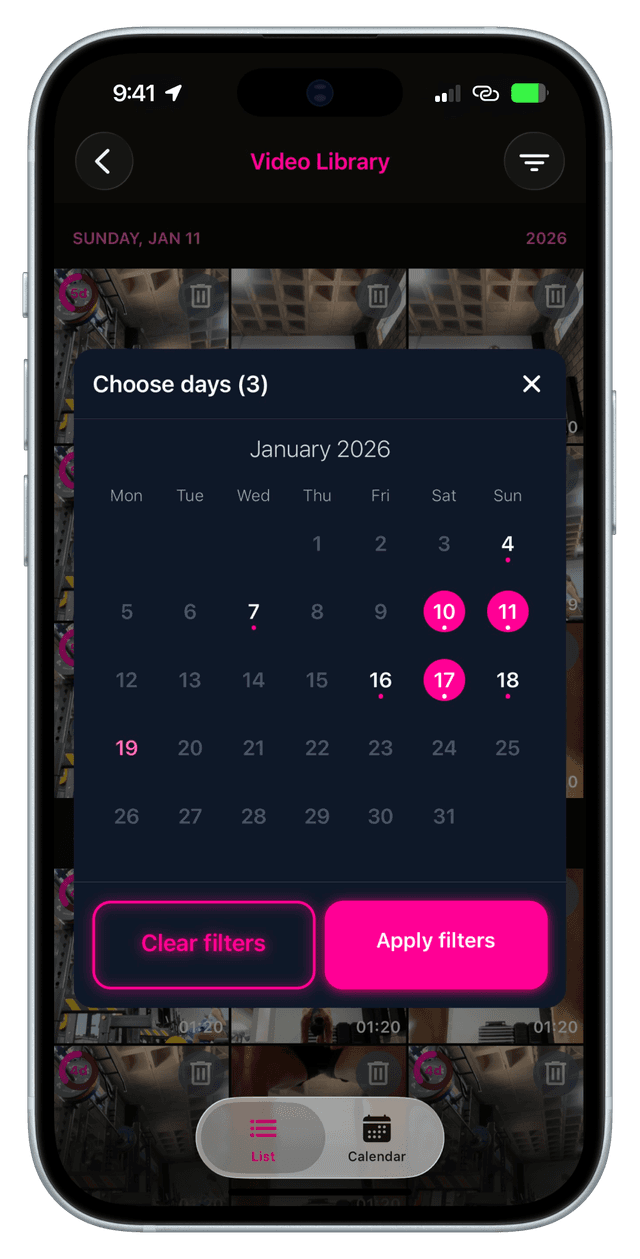 App screenshot filtering recordings by date