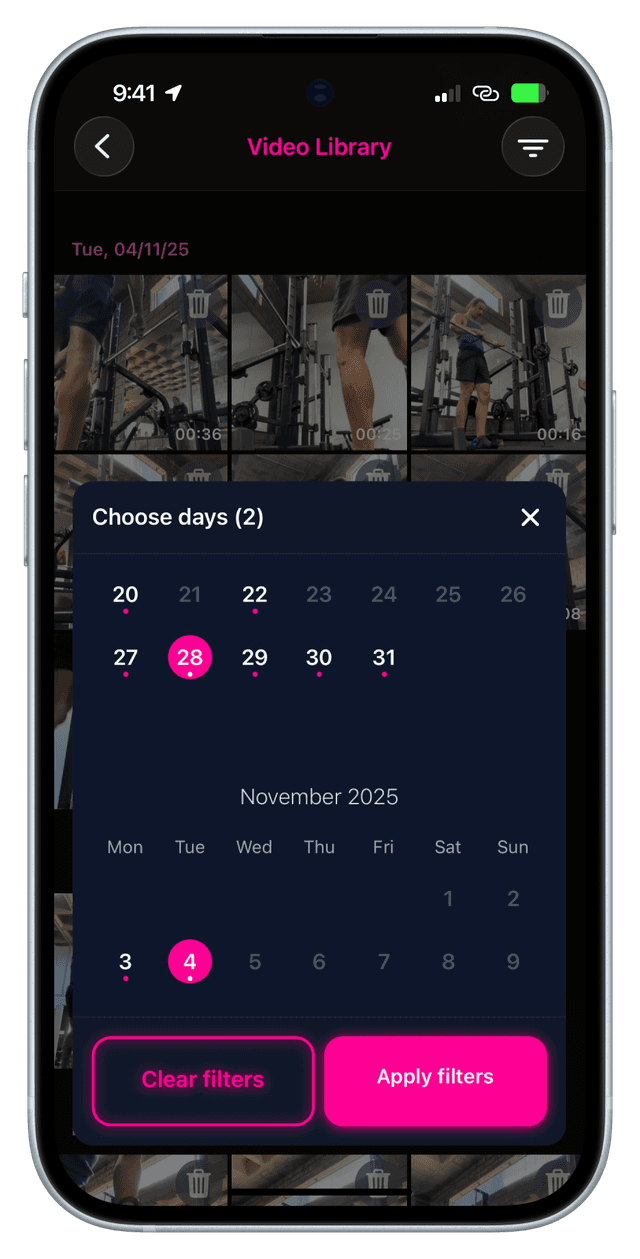 App screenshot filtering recordings by date