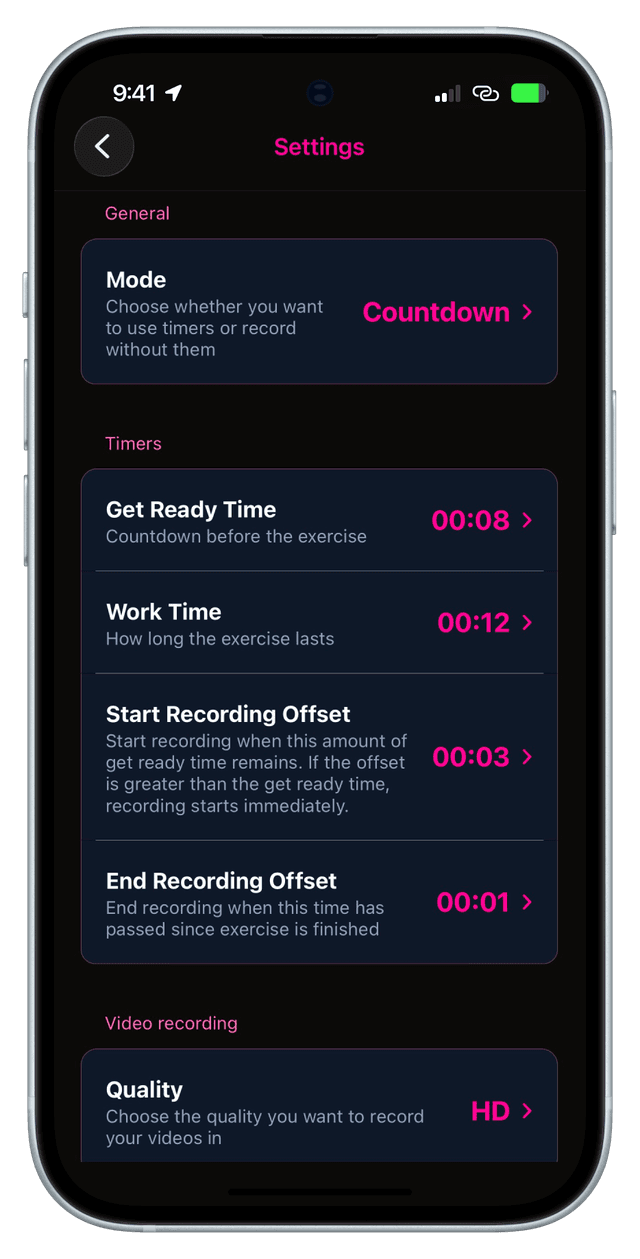 App screenshot in the settings screen