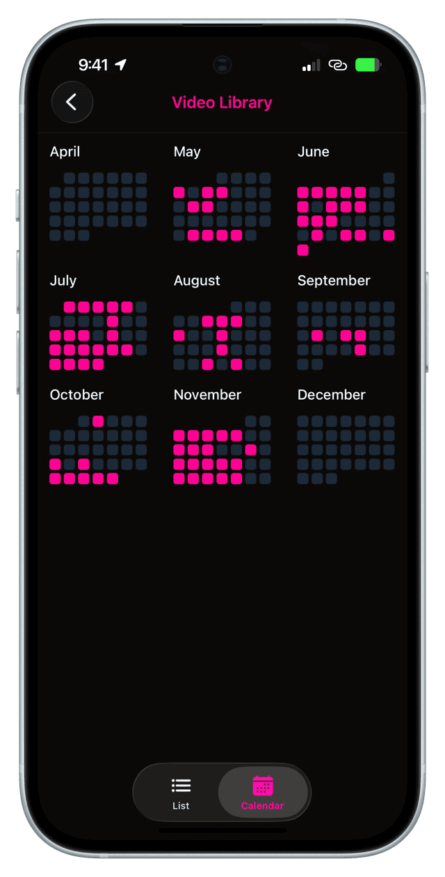 App screenshot showing a yearly calendar